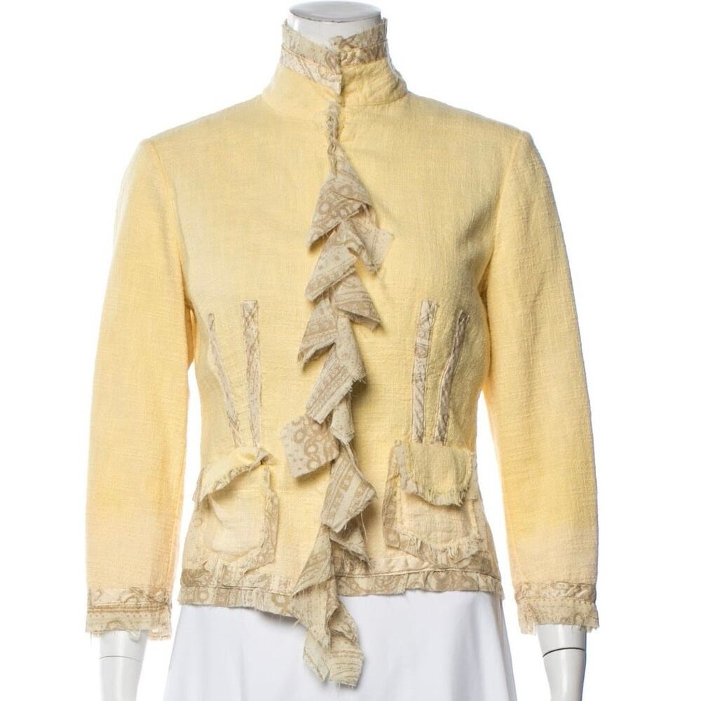 VTG Roberto Cavalli Tweed Ruffle Jacket Cotton Silk Boho SS 2004 Italy Y2K Euro